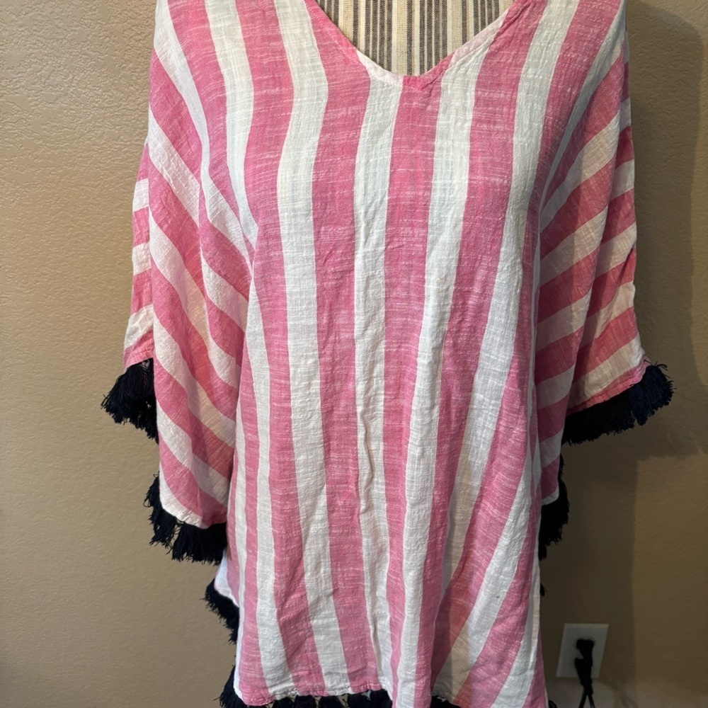 Mud Pie Coverup Pink White Striped Black Fringe Beach Swim Poncho Cotton - Picture 3 of 16